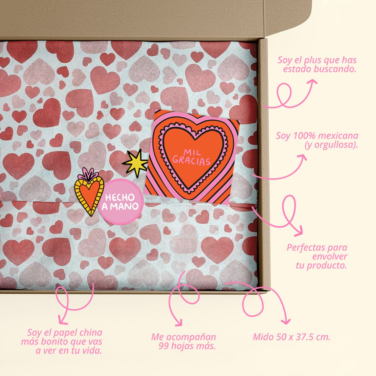 Papel China Corazones Rojos 100 Pz 50x37.5cm